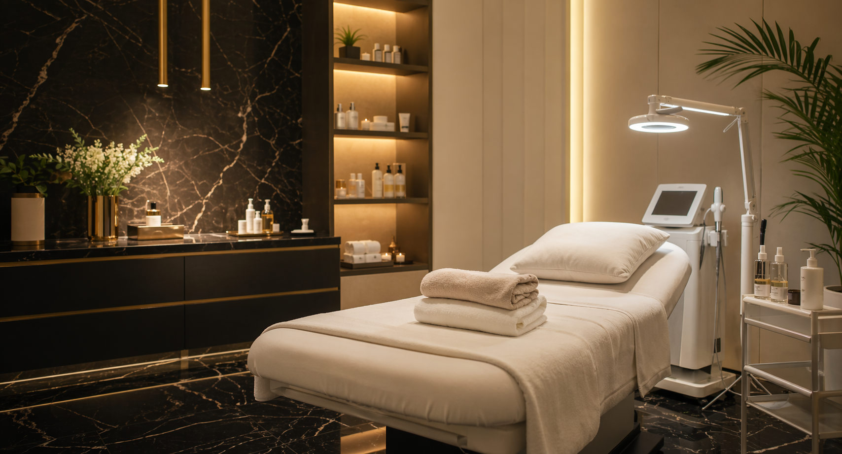 Cabina estética premium con detalles dorados y ambiente sereno