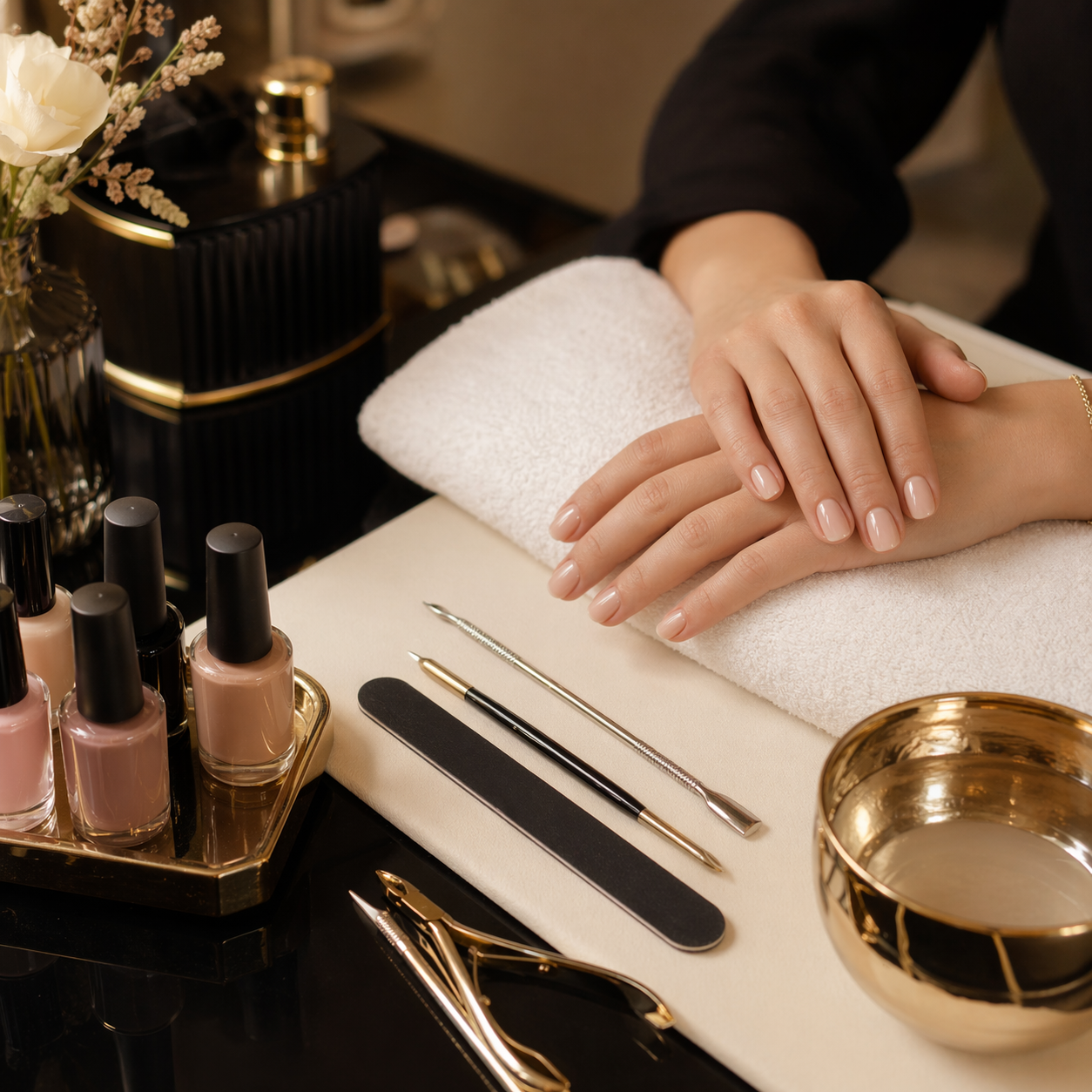 Manicura elegante en estudio premium con tonos dorados